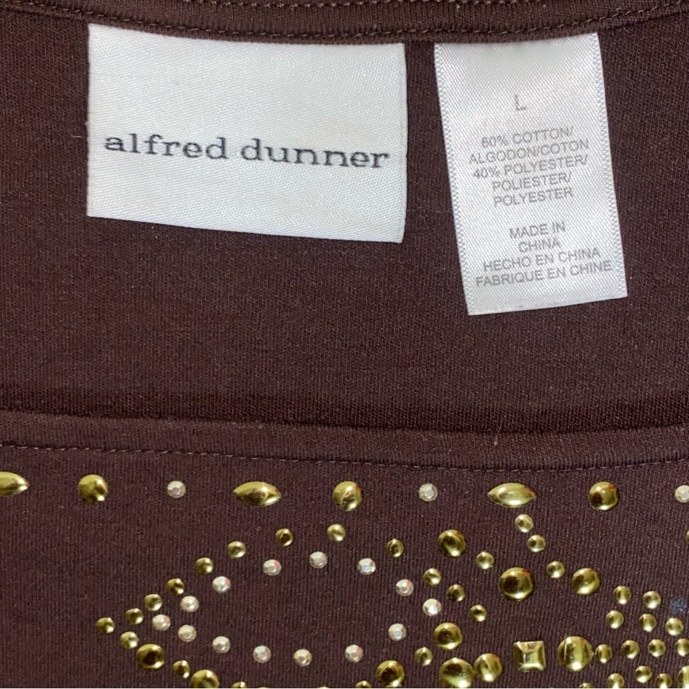 Alfred Dunner Floral Studded Brown/Metallic Square Neck 3/4 Sleeve Top - Picture 4 of 4